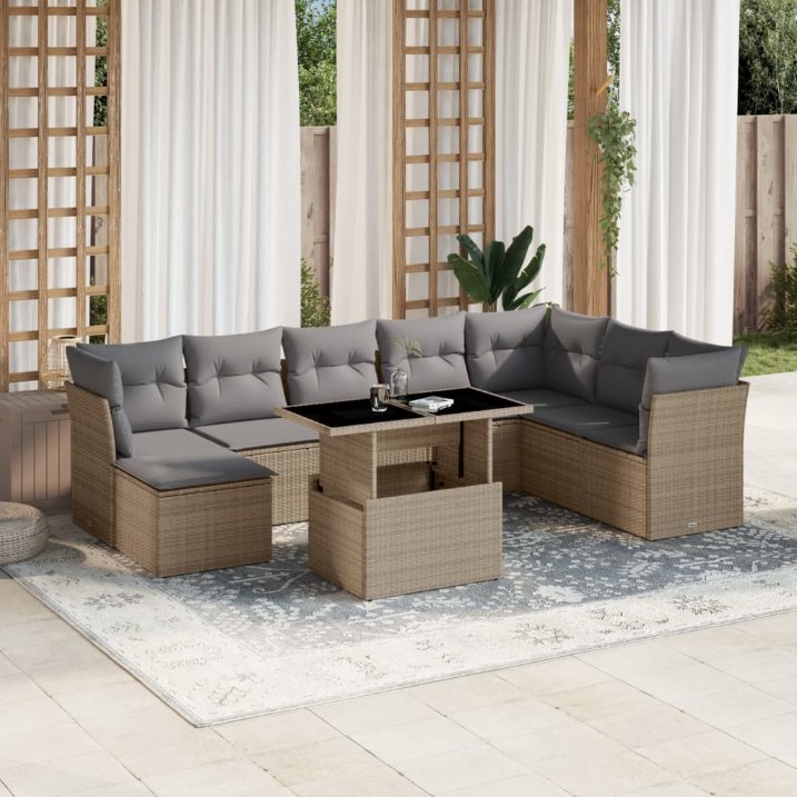 9-tlg. Garten-Sofagarnitur mit Kissen Schwarz Poly Rattan