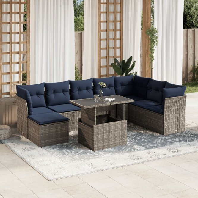 9-teiliges Gartensofa-Set mit Kissen, schwarzes Polyrattan