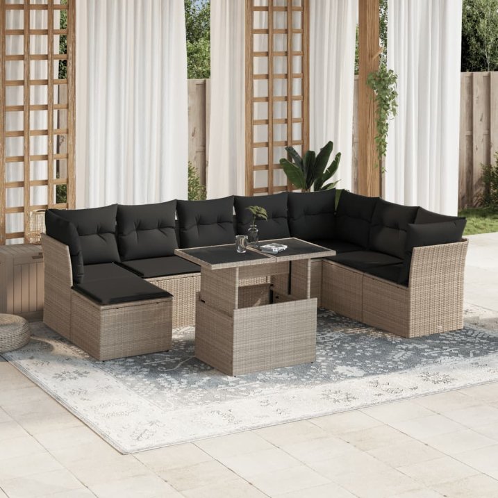 9-tlg. Garten-Sofagarnitur mit Kissen Schwarz Poly Rattan