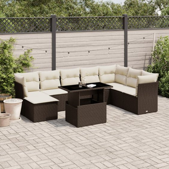 9-tlg. Garten-Sofagarnitur mit Kissen Schwarz Poly Rattan