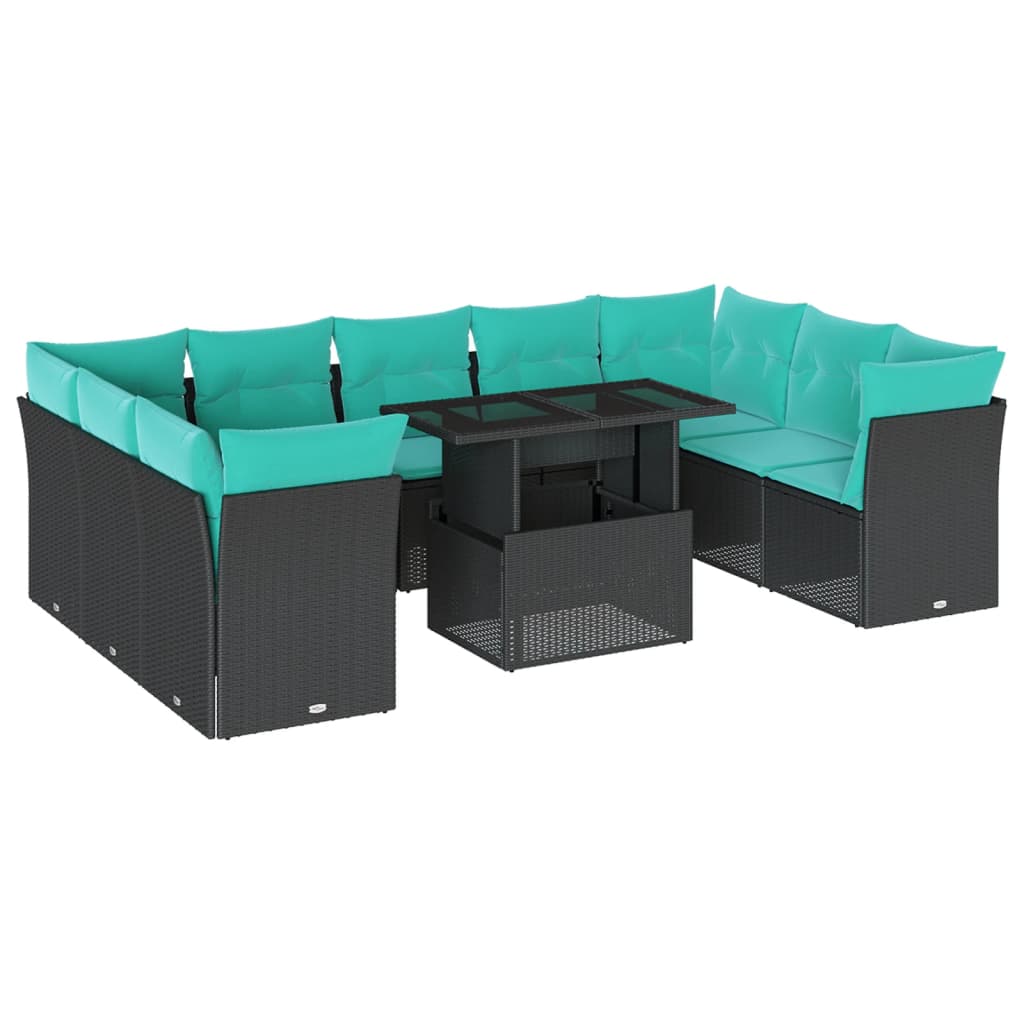 vidaXL 10-teiliges Gartensofa-Set mit Kissen, schwarzes Polyrattan