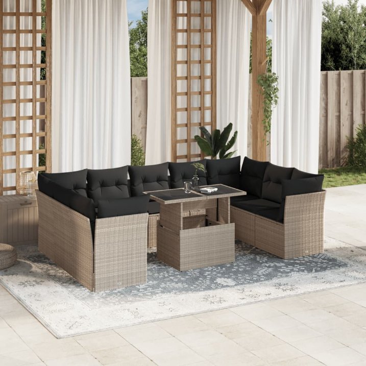 vidaXL 10-tlg. Garten-Sofagarnitur mit Kissen Schwarz Poly Rattan