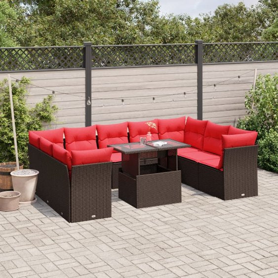 vidaXL 10-teiliges Gartensofa-Set mit Kissen, schwarzes Polyrattan