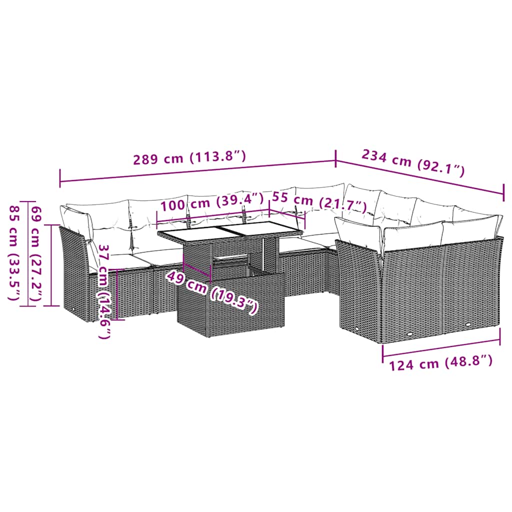 vidaXL 10-tlg. Garten-Sofagarnitur mit Kissen Schwarz Poly Rattan