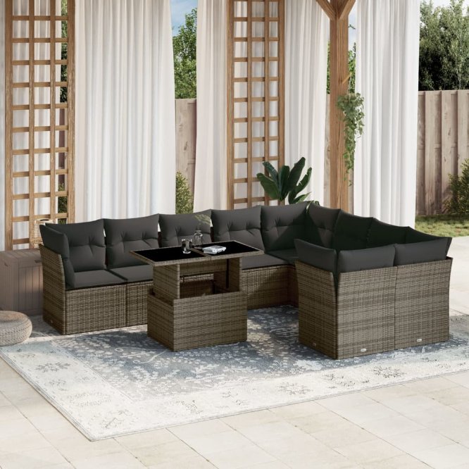 vidaXL 10-tlg. Garten-Sofagarnitur mit Kissen Schwarz Poly Rattan