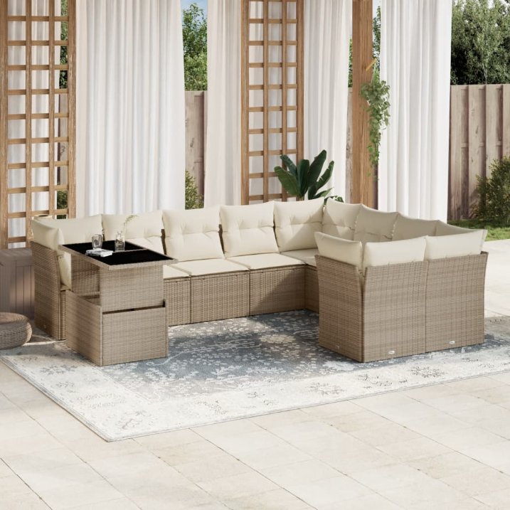 vidaXL 10-tlg. Garten-Sofagarnitur mit Kissen Schwarz Poly Rattan