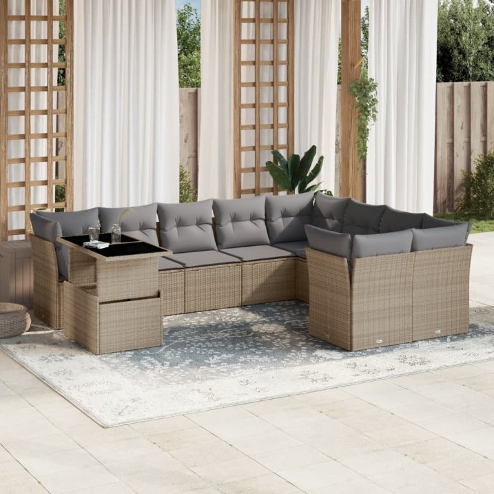 vidaXL 10-tlg. Garten-Sofagarnitur mit Kissen Schwarz Poly Rattan
