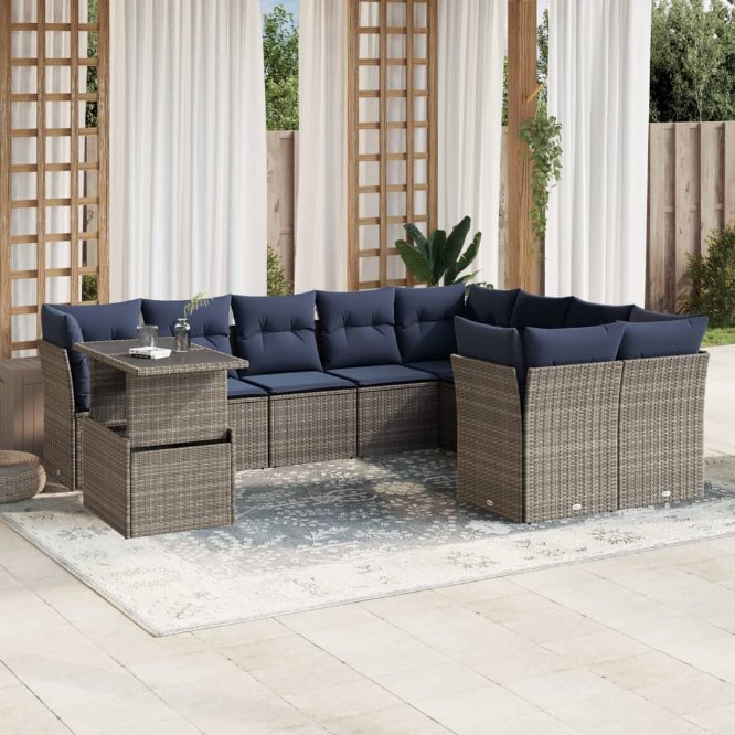 vidaXL 10-teiliges Gartensofa-Set mit Kissen, schwarzes Polyrattan
