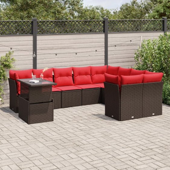 vidaXL 10-teiliges Gartensofa-Set mit Kissen, schwarzes Polyrattan