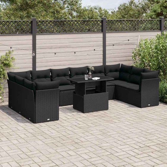 vidaXL 11-tlg. Garten-Sofagarnitur mit Kissen Schwarz Poly Rattan