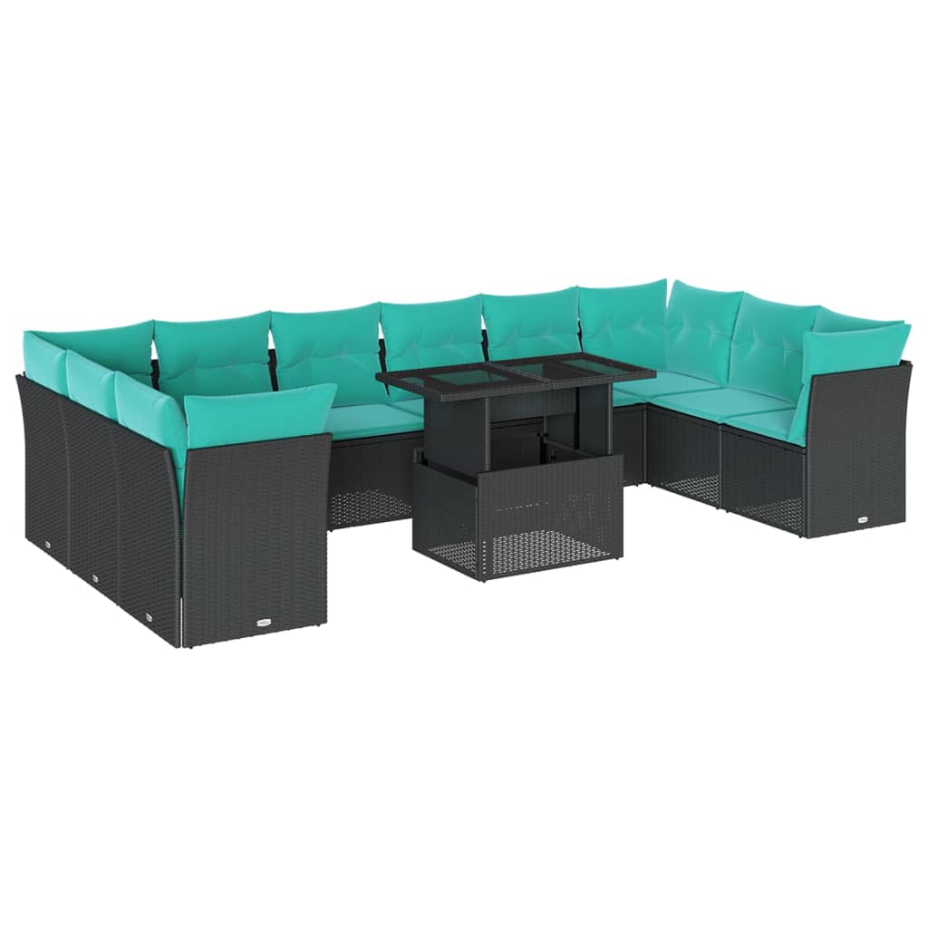 vidaXL 11-teiliges Gartensofa-Set mit Kissen, schwarzes Polyrattan