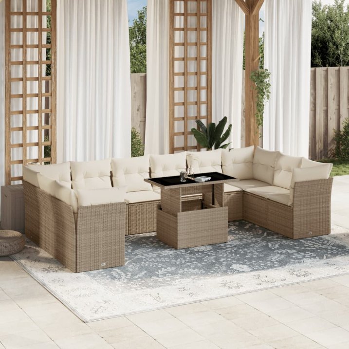 vidaXL 11-tlg. Garten-Sofagarnitur mit Kissen Schwarz Poly Rattan