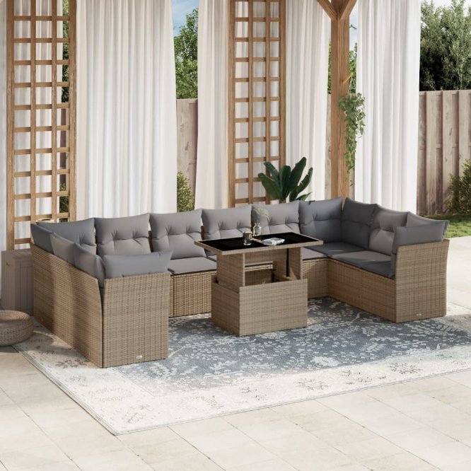 vidaXL 11-tlg. Garten-Sofagarnitur mit Kissen Schwarz Poly Rattan