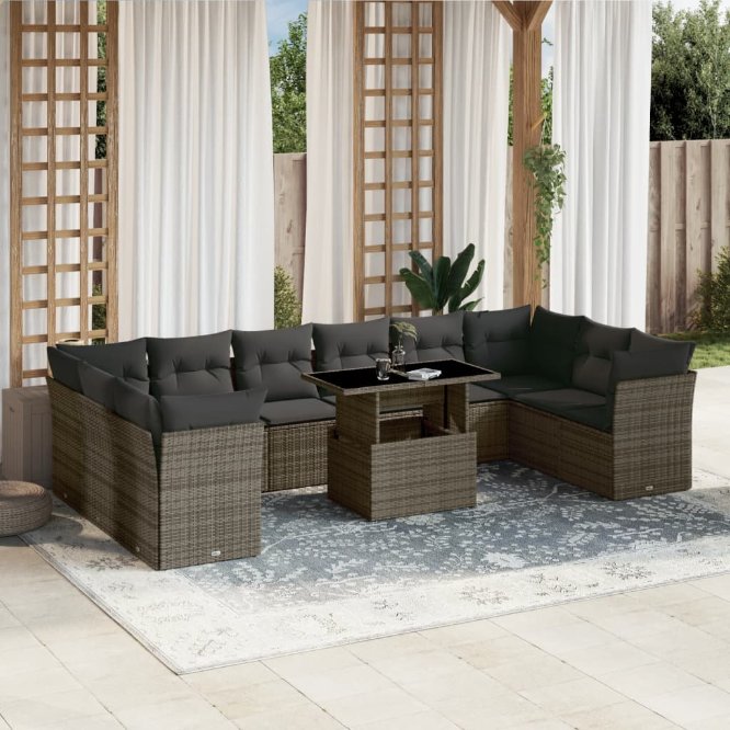vidaXL 11-tlg. Garten-Sofagarnitur mit Kissen Schwarz Poly Rattan