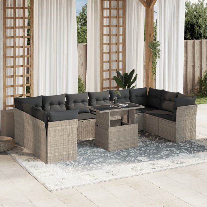 vidaXL 11-tlg. Garten-Sofagarnitur mit Kissen Schwarz Poly Rattan