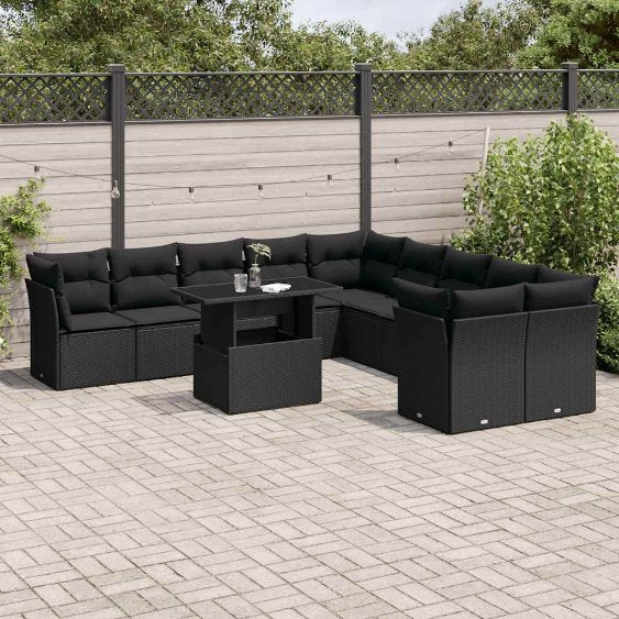 vidaXL 11-tlg. Garten-Sofagarnitur mit Kissen Schwarz Poly Rattan