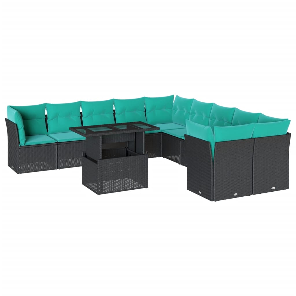 vidaXL 11-teiliges Gartensofa-Set mit Kissen, schwarzes Polyrattan