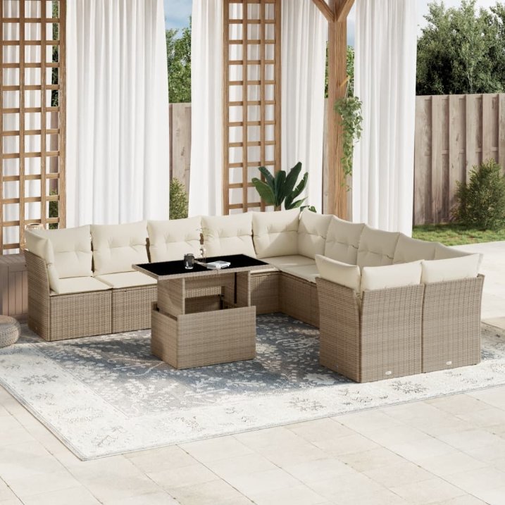 vidaXL 11-tlg. Garten-Sofagarnitur mit Kissen Schwarz Poly Rattan