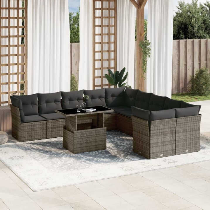 vidaXL 11-tlg. Garten-Sofagarnitur mit Kissen Schwarz Poly Rattan