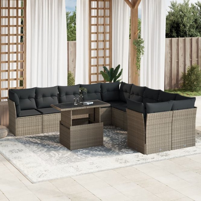 vidaXL 11-tlg. Garten-Sofagarnitur mit Kissen Schwarz Poly Rattan