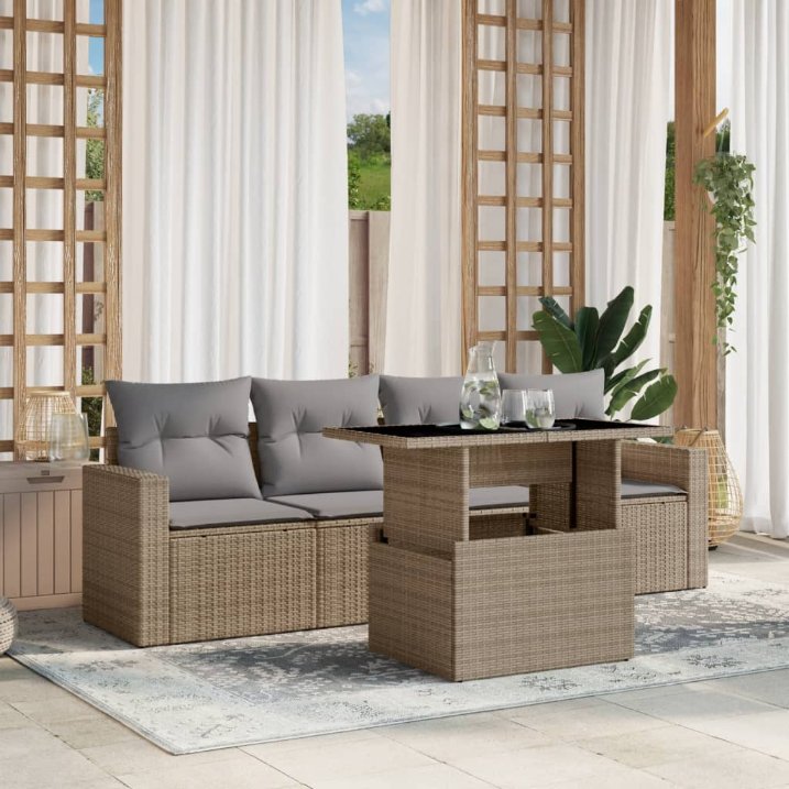 5-tlg. Garten-Sofagarnitur mit Kissen Schwarz Poly Rattan