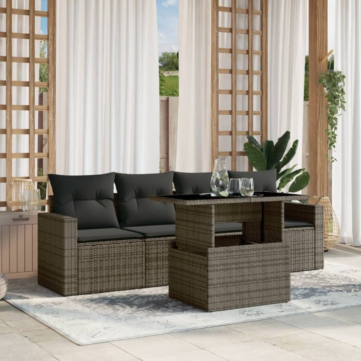 5-tlg. Garten-Sofagarnitur mit Kissen Schwarz Poly Rattan