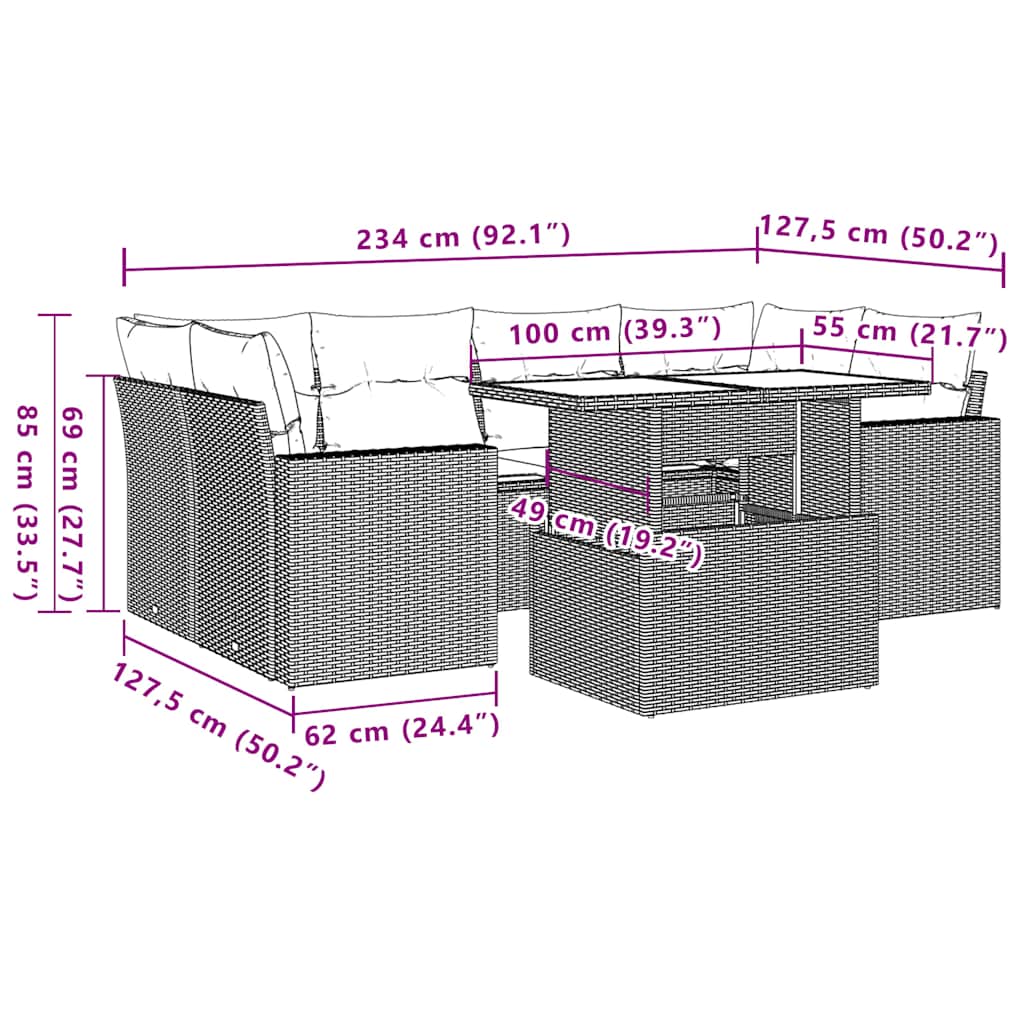 7-teiliges Gartensofa-Set mit Kissen, schwarzes Polyrattan