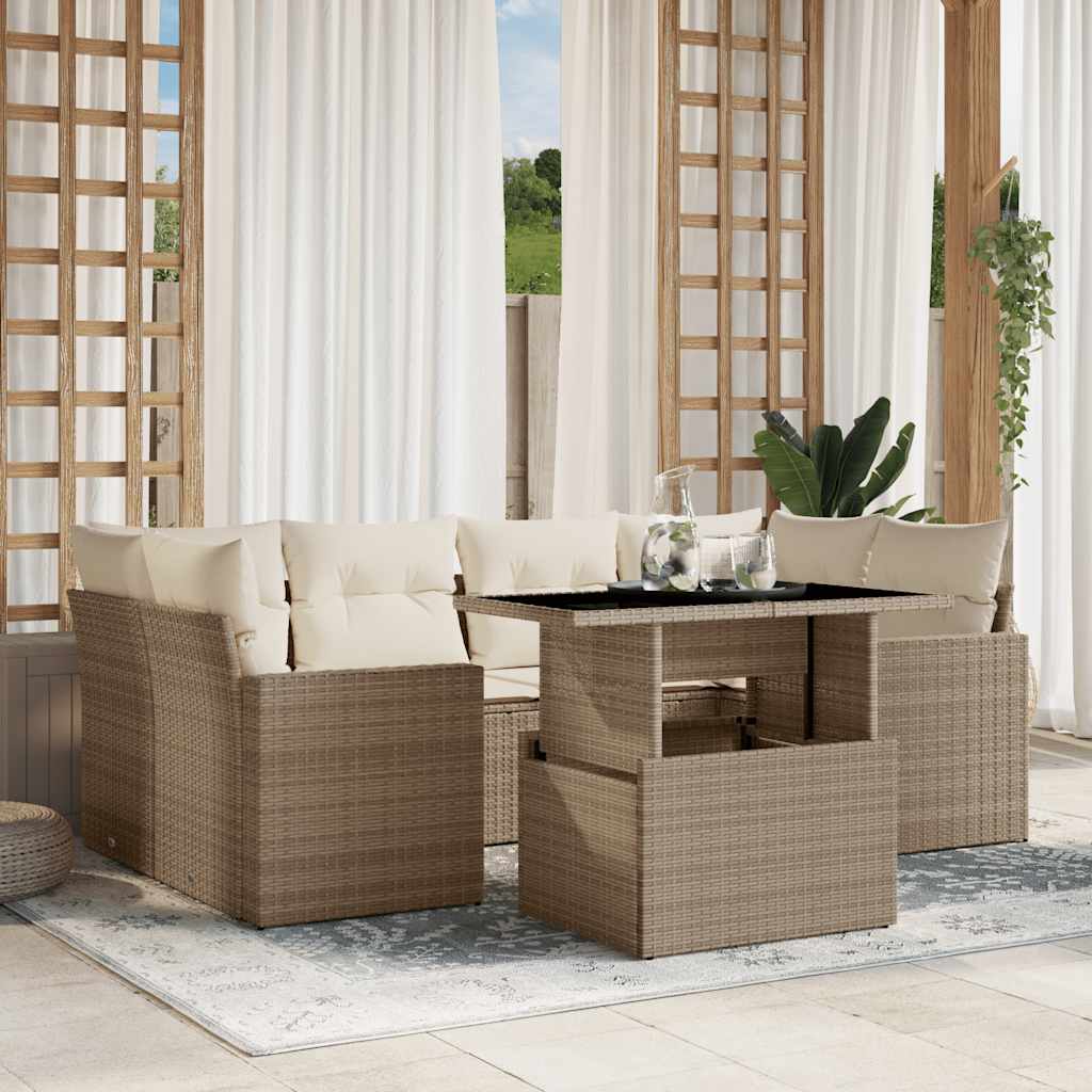 7-tlg. Garten-Sofagarnitur mit Kissen Schwarz Poly Rattan