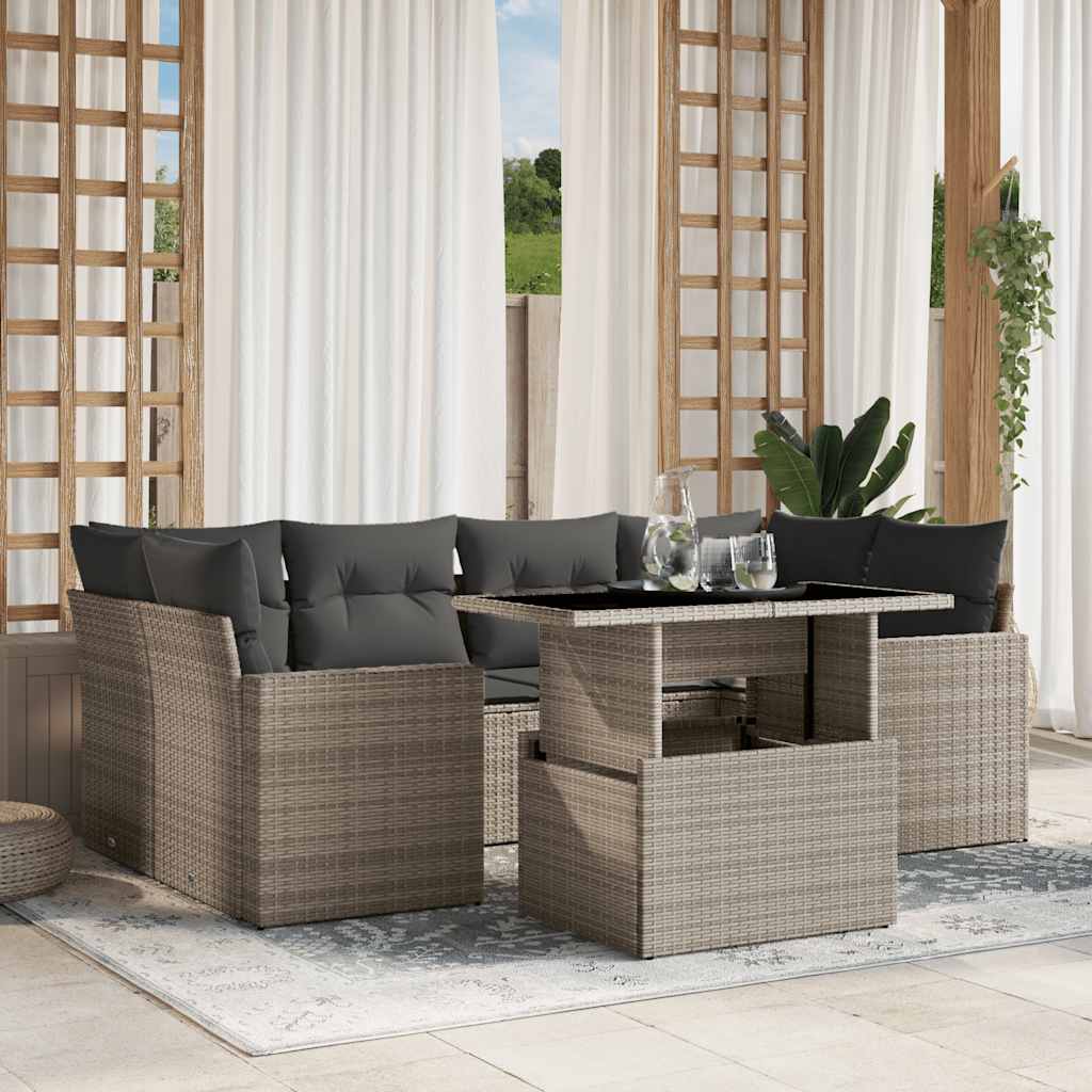7-tlg. Garten-Sofagarnitur mit Kissen Schwarz Poly Rattan