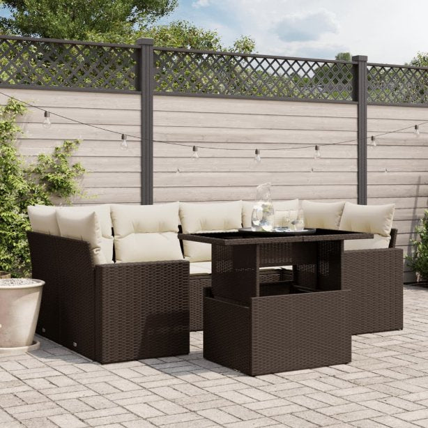 7-tlg. Garten-Sofagarnitur mit Kissen Schwarz Poly Rattan