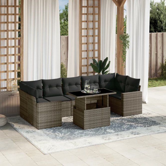 8-tlg. Garten-Sofagarnitur mit Kissen Schwarz Poly Rattan