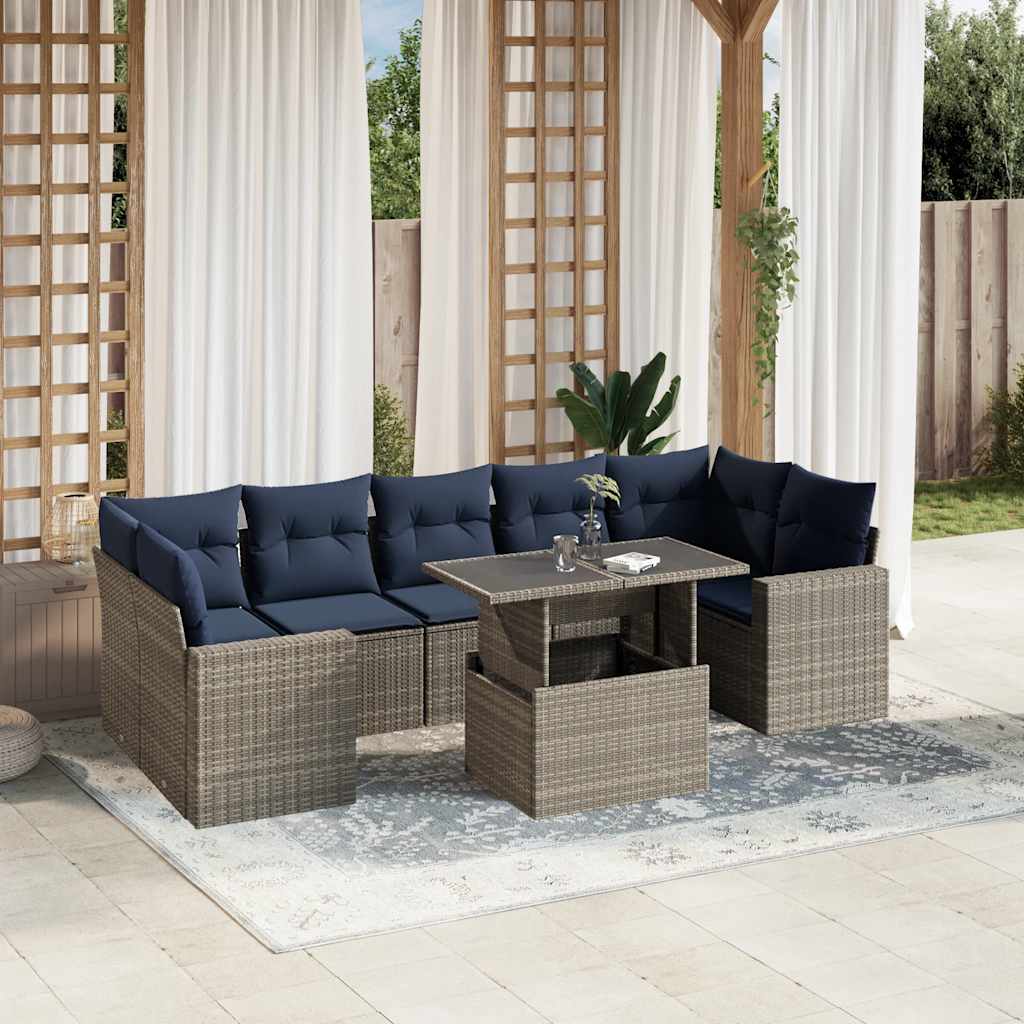 8-teiliges Gartensofa-Set mit Kissen, schwarzes Polyrattan