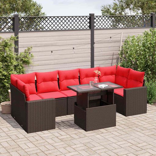 8-teiliges Gartensofa-Set mit Kissen, schwarzes Polyrattan
