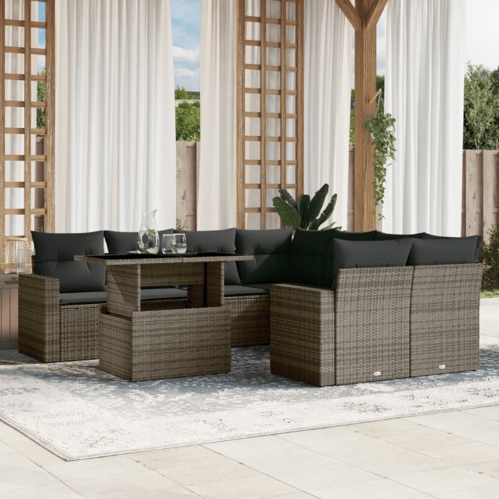 9-tlg. Garten-Sofagarnitur mit Kissen Schwarz Poly Rattan