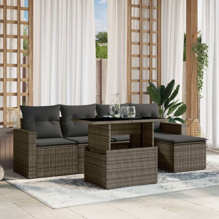6-tlg. Garten-Sofagarnitur mit Kissen Schwarz Poly Rattan
