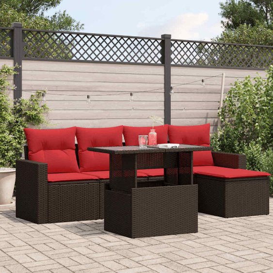 6-teiliges Gartensofa-Set mit Kissen, schwarzes Polyrattan