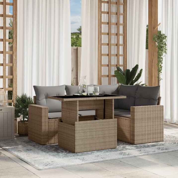 5-tlg. Garten-Sofagarnitur mit Kissen Schwarz Poly Rattan