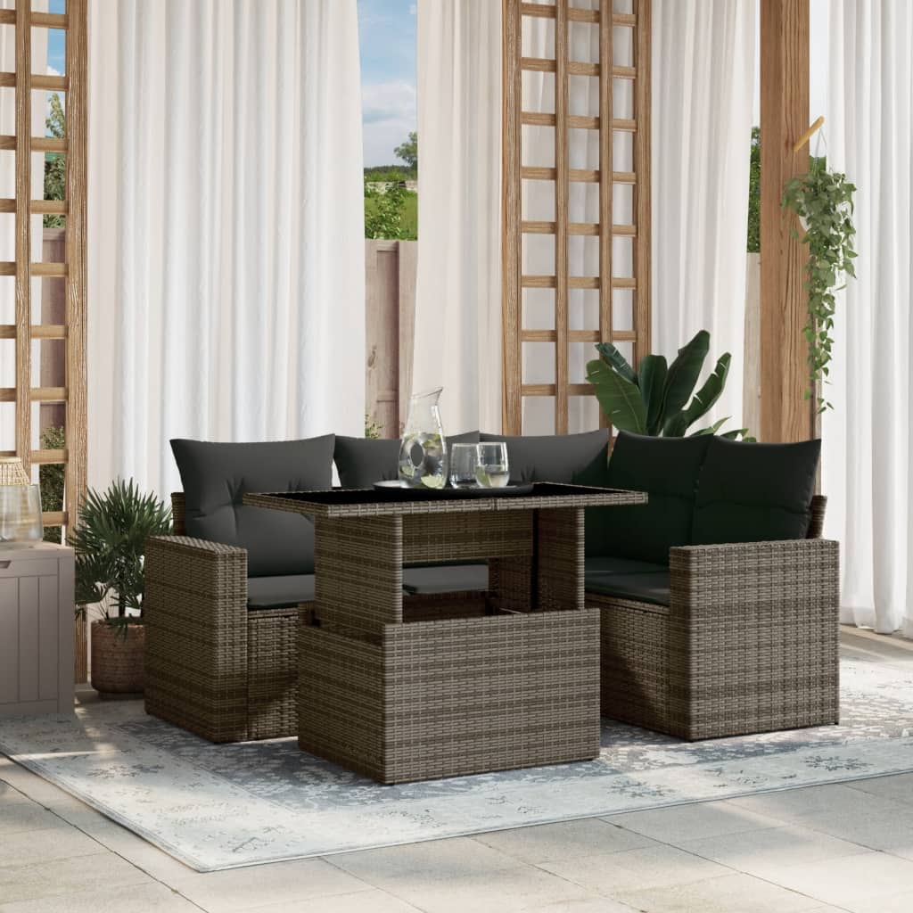 5-tlg. Garten-Sofagarnitur mit Kissen Schwarz Poly Rattan