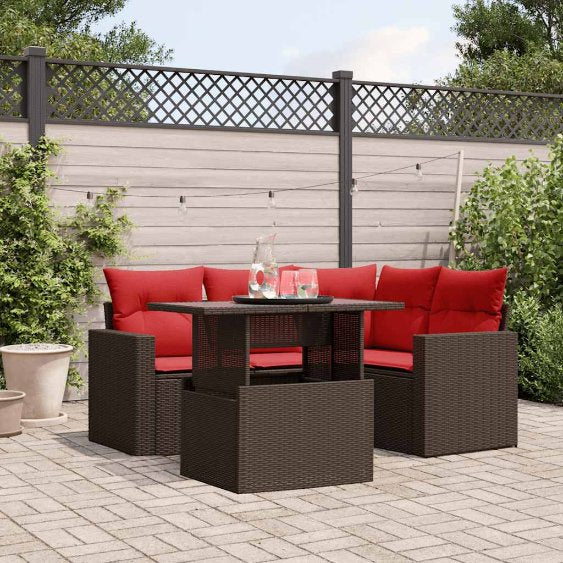 5-teiliges Gartensofa-Set mit Kissen, schwarzes Polyrattan