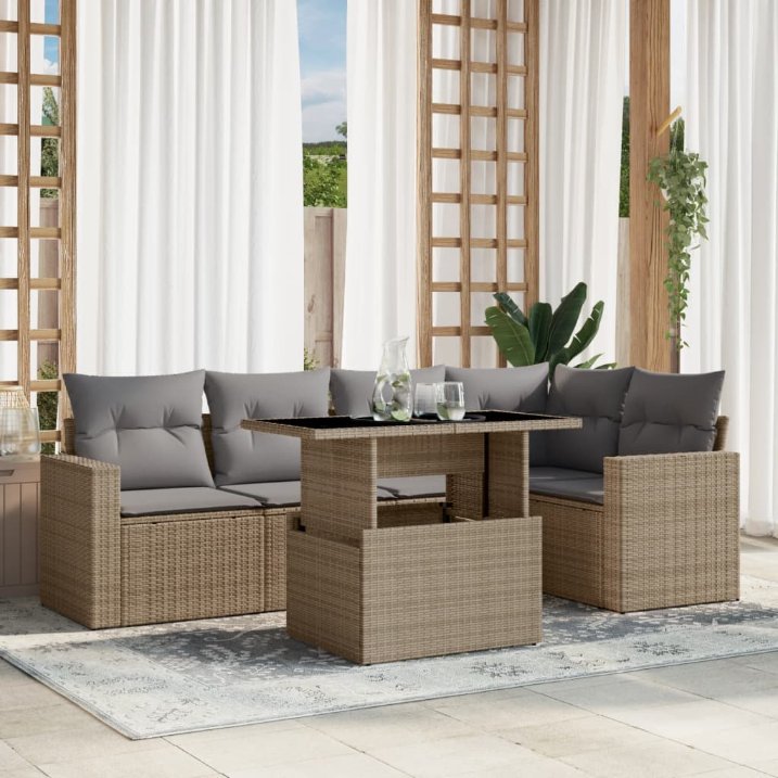 6-tlg. Garten-Sofagarnitur mit Kissen Schwarz Poly Rattan