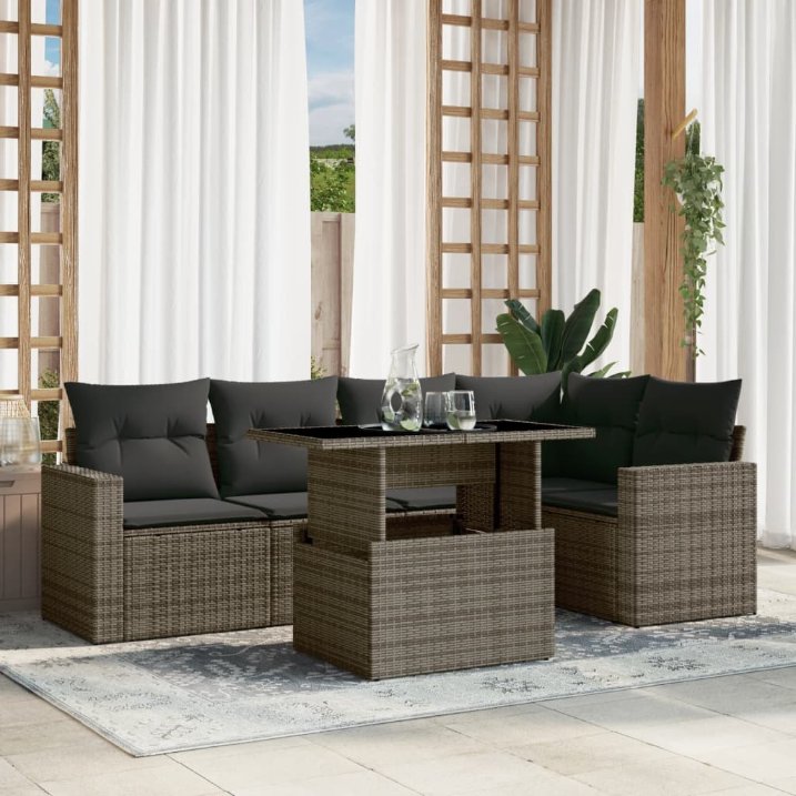 6-tlg. Garten-Sofagarnitur mit Kissen Schwarz Poly Rattan