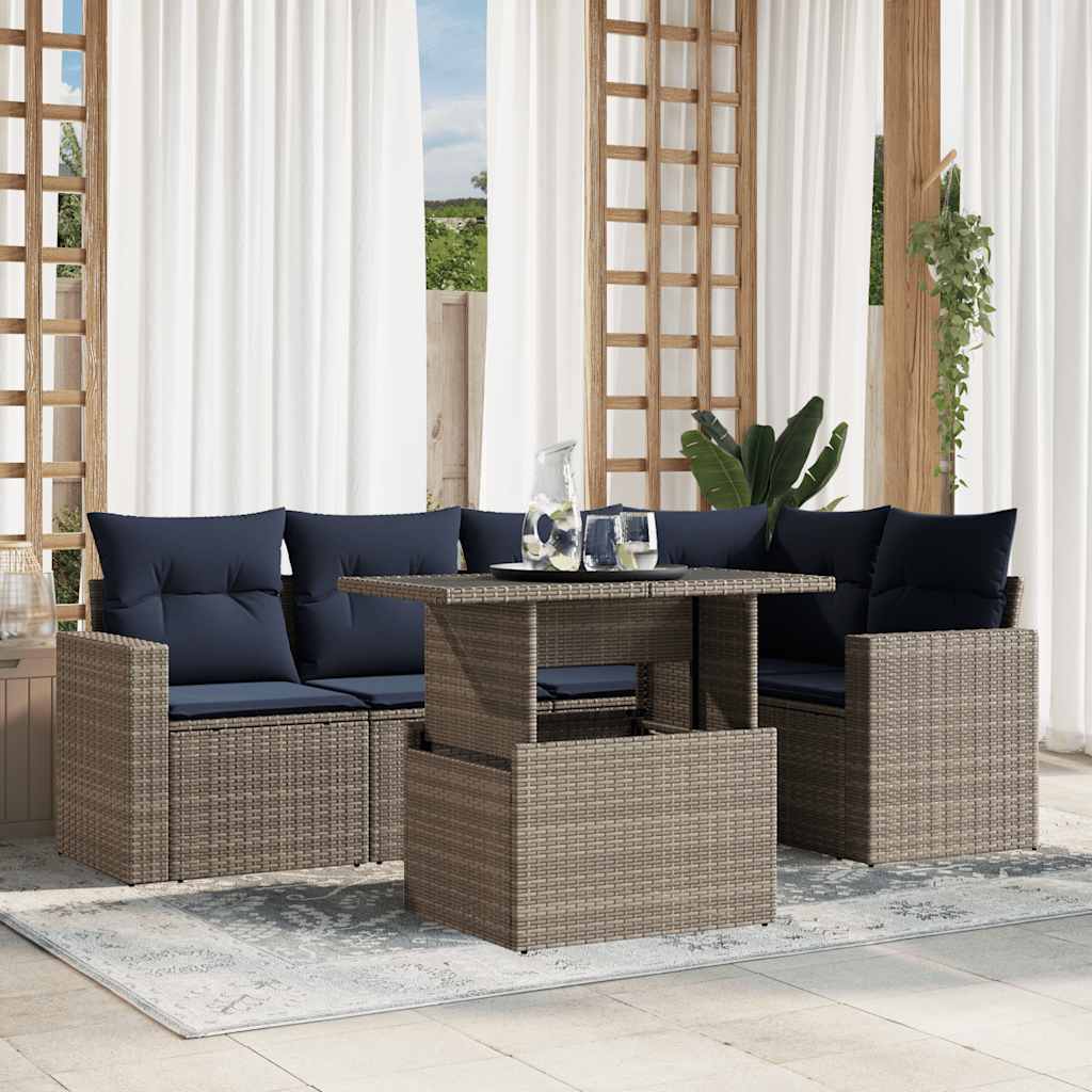 6-teiliges Gartensofa-Set mit Kissen, schwarzes Polyrattan