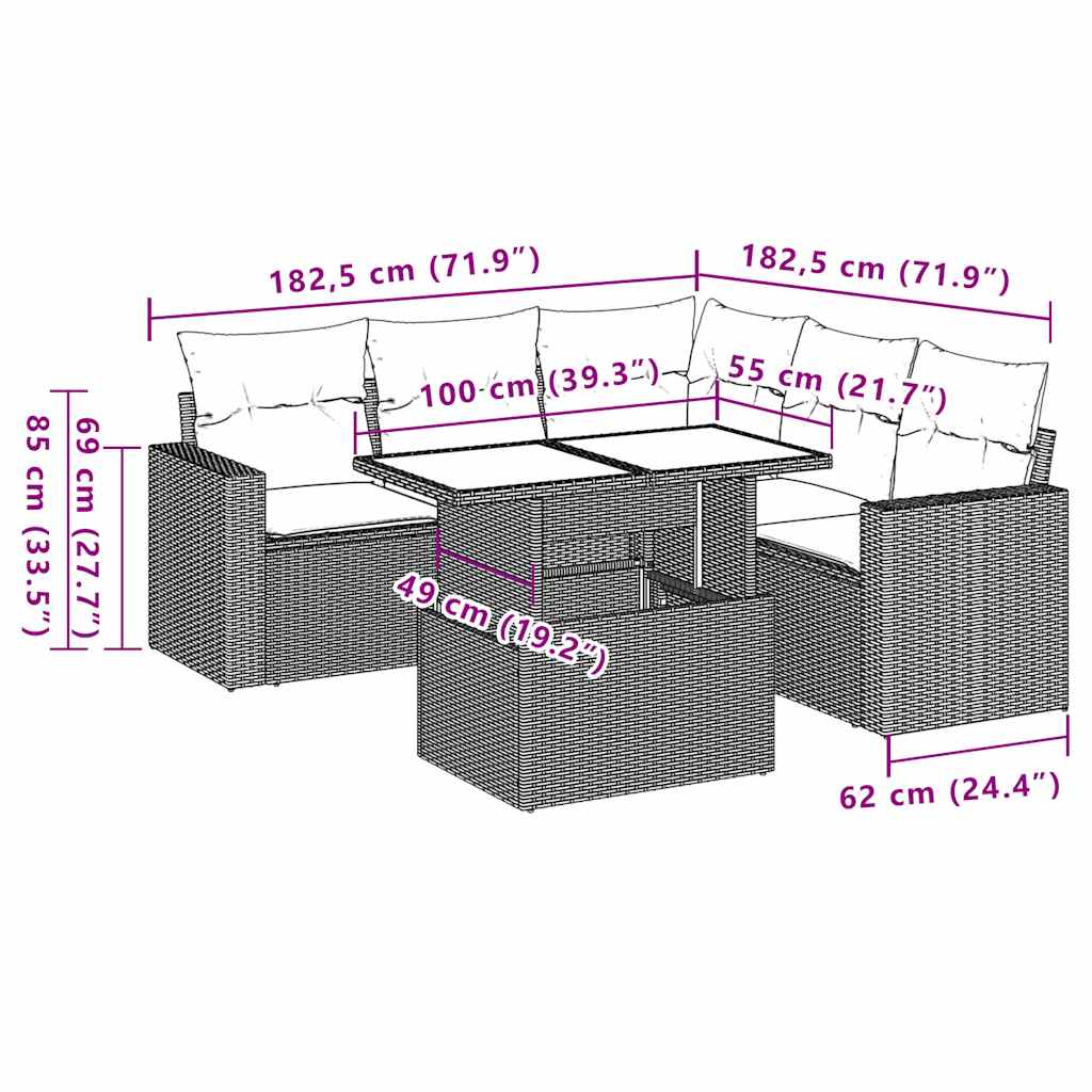 6-teiliges Gartensofa-Set mit Kissen, schwarzes Polyrattan