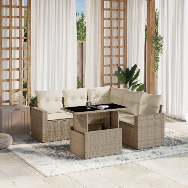 6-tlg. Garten-Sofagarnitur mit Kissen Schwarz Poly Rattan