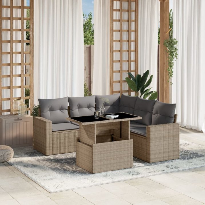 6-tlg. Garten-Sofagarnitur mit Kissen Schwarz Poly Rattan