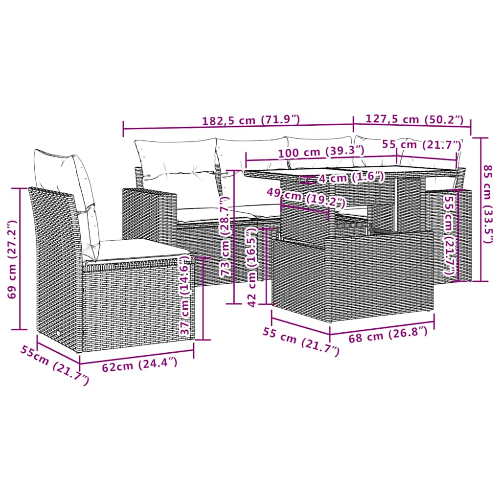 6-teiliges Gartensofa-Set mit Kissen, schwarzes Polyrattan