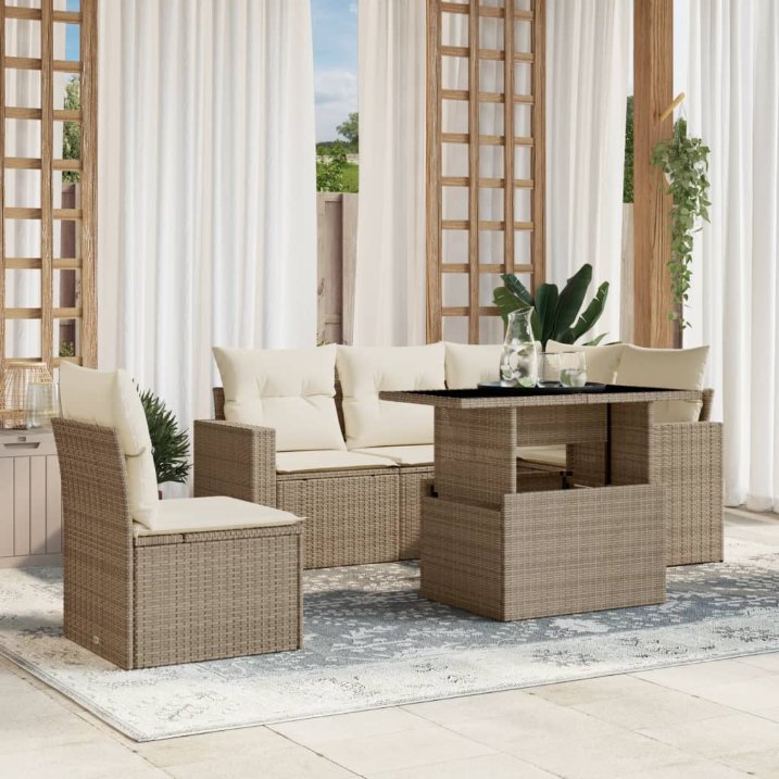 6-tlg. Garten-Sofagarnitur mit Kissen Schwarz Poly Rattan