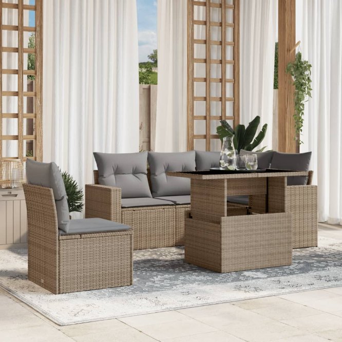 6-tlg. Garten-Sofagarnitur mit Kissen Schwarz Poly Rattan