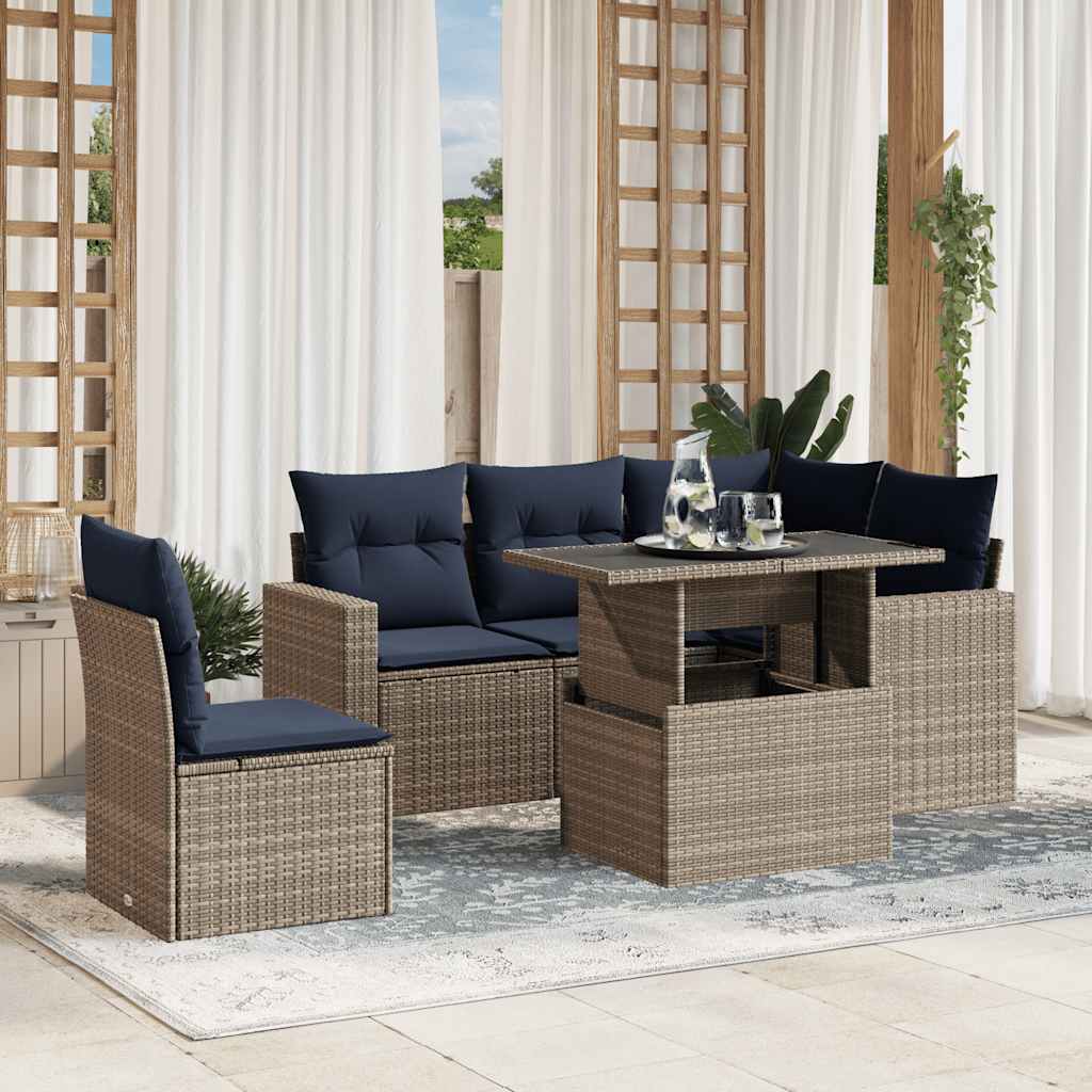 6-teiliges Gartensofa-Set mit Kissen, schwarzes Polyrattan