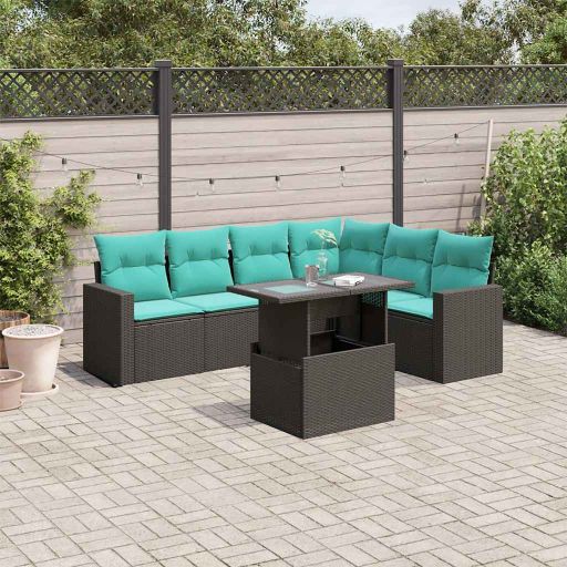 7-teiliges Gartensofa-Set mit Kissen, schwarzes Polyrattan